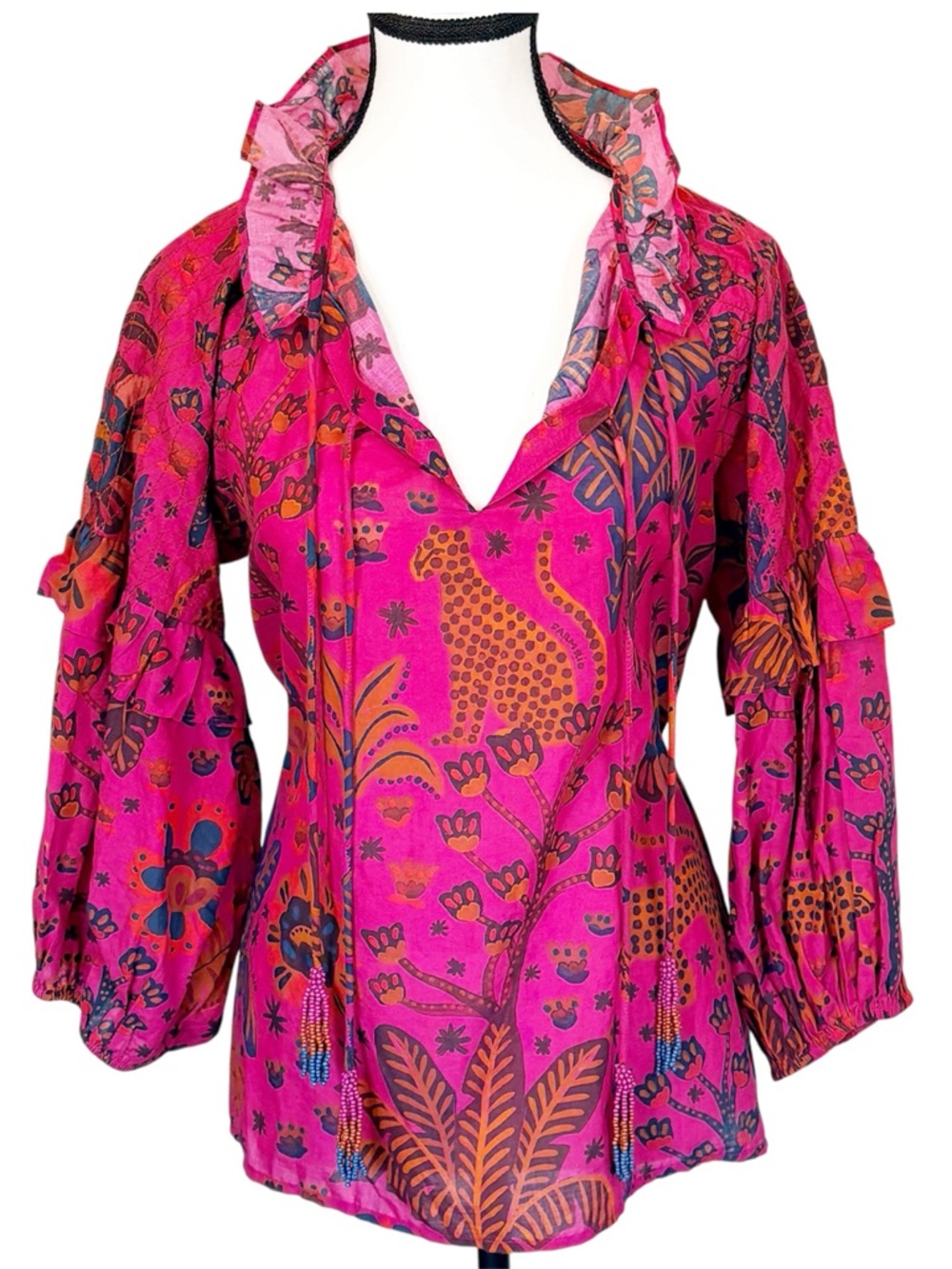 FARM Rio Anthropologie Pink Printed Peasant Blouse Tassel Boho Top Small Cotton